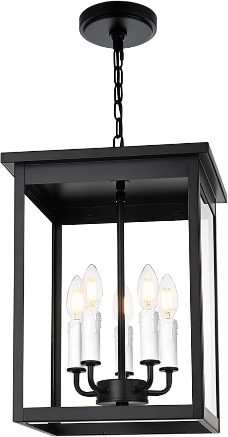 5 Lights Indoor Pendant Light White Outdoor Chandelier Exterior Hanging Fixtures Ceiling Mount with Clear Glass Shade Hanging Lantern Adjustable Pendant Lighting for Outdoor Hallway