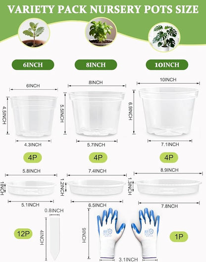 12 Pack 10/8/6 Inch Clear Nursery Pots with Saucer, Plant Label, Gardening Gloves, Transparent Sturdy Plastic Plant Pots with Drainage Hole, Plant Starter Pots for Planting Seedling Herb Vegetable