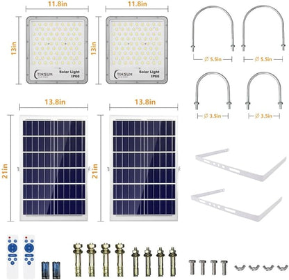 TINSUM Solar Flood Lights Outdoor, 2 Pack 600w Solar Street Light IP67 Waterproof 32000LM White LED Dusk to Dawn Security Commercial Lighting for Parking Lot,Stadium,Patio,Barn,Garage,Pathway