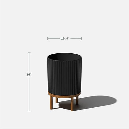 Veradek Demi Series Round Planter w/Stand for Porch/Patio | Durable Plastic-Stone Composite & Wooden Stand | Modern Décor for Tall Plants, Flowers