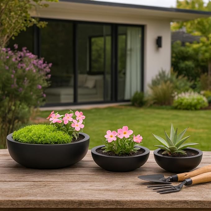 Set of 3 Decorative Resin Planter Pots – Minimalist Sleek Finish Design – Indoor Outdoor Plant Holders – Contemporary Modern Pot Set for Living Room, Entryway, Patio or Garden – 6", 5", 4", Black