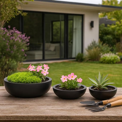Set of 3 Decorative Resin Planter Pots – Minimalist Sleek Finish Design – Indoor Outdoor Plant Holders – Contemporary Modern Pot Set for Living Room, Entryway, Patio or Garden – 6", 5", 4", Black