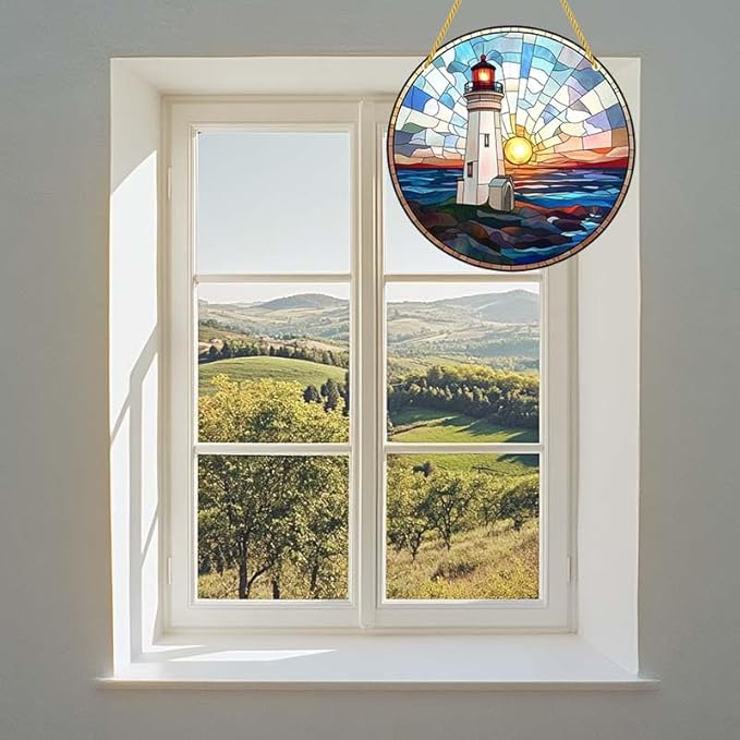 Acrylic Stained Window Hanging Sea Lighthouse Acrylic Decoration for Indoor Outdoor Home Bar Office Garden Plastic Ornament Decor 12x12 Inch
