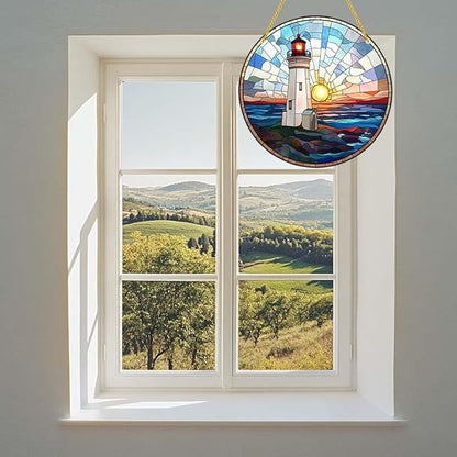 Acrylic Stained Window Hanging Sea Lighthouse Acrylic Decoration for Indoor Outdoor Home Bar Office Garden Plastic Ornament Decor 12x12 Inch