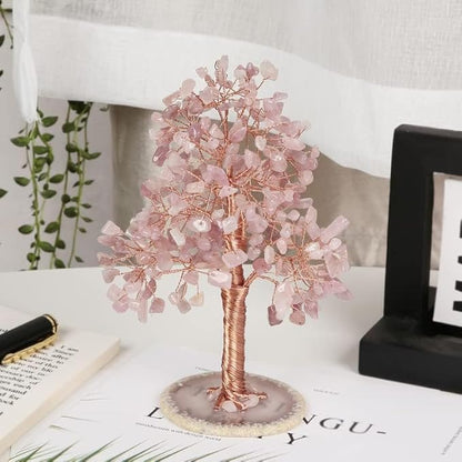 Natural Healing Crystal Tree of Prosperity Wire Wrapped on Agate Base Money Tree Bonsai Tree Home Office Decoration for Good Luck, Rose Quartz