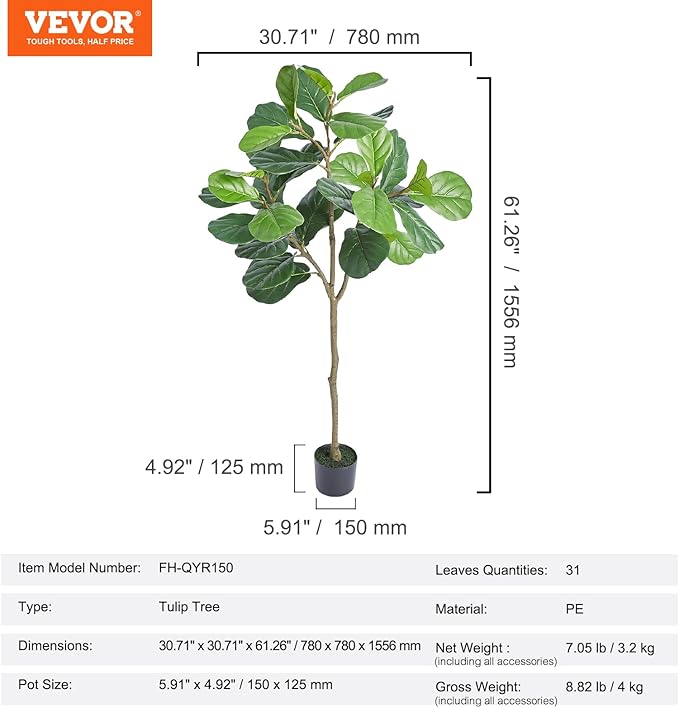 VEVOR Artificial Fiddle Leaf Fig Tree, 5 FT, Secure PE Material & Anti-Tip Tilt Protection Low-Maintenance Faux Plant, Lifelike Green Fake Potted Tree for Home Office Warehouse Decor Indoor Outdoor