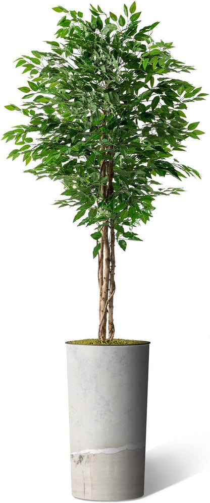 Artificial Tree in Gray Tan Watercolor Abstract Planter, Fake Ficus Silk Tree for Indoor and Outdoor Home Decoration - 75" Overall Tall (Plant Pot Plus Tree)
