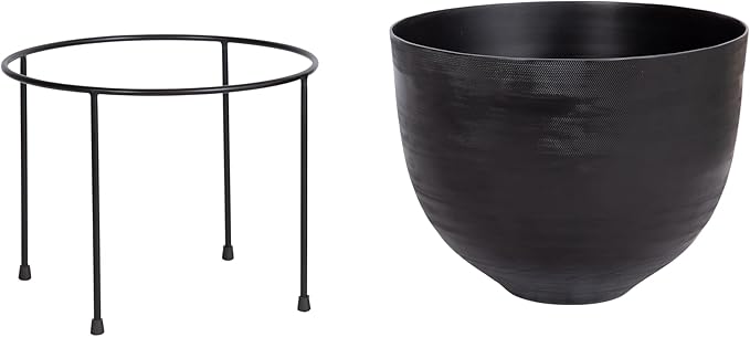 Kate and Laurel Navara Modern Two-Piece Round Metal Planter Set; 2 Piece Set; Black; Planters for Indoor Plants with Engraved Texture and Size for Large Plants