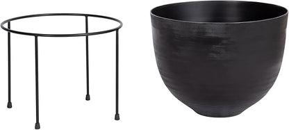 Kate and Laurel Navara Modern Two-Piece Round Metal Planter Set; 2 Piece Set; Black; Planters for Indoor Plants with Engraved Texture and Size for Large Plants