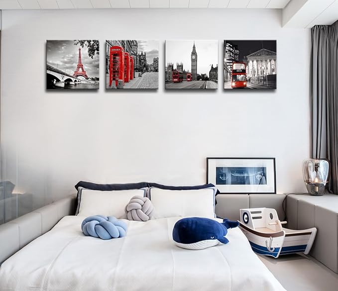 Black and White City Landscape Wall Art for Bedroom Red Street Scenery Canvas Decor for Bathroom Paris Eiffel Tower Pictures Prints London Big Ben Artwork for Living Room Office 16"x16"