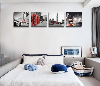 Black and White City Landscape Wall Art for Bedroom Red Street Scenery Canvas Decor for Bathroom Paris Eiffel Tower Pictures Prints London Big Ben Artwork for Living Room Office 16"x16"