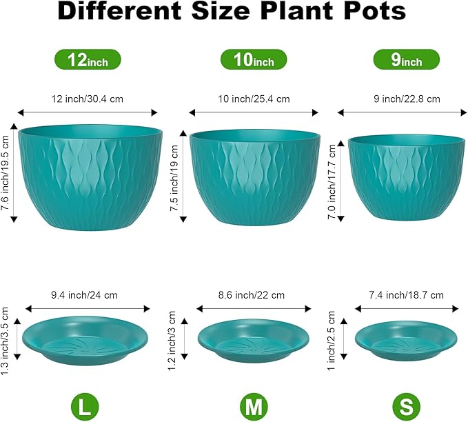 12/10/9 Inch Planter Pots, 3-Pack Large Flower Pots for Indoor Outdoor Garden Plants, Big Plant Pots with Multi Mesh Drainage Holes and Saucer (Black-Green, 12"+10"+9")