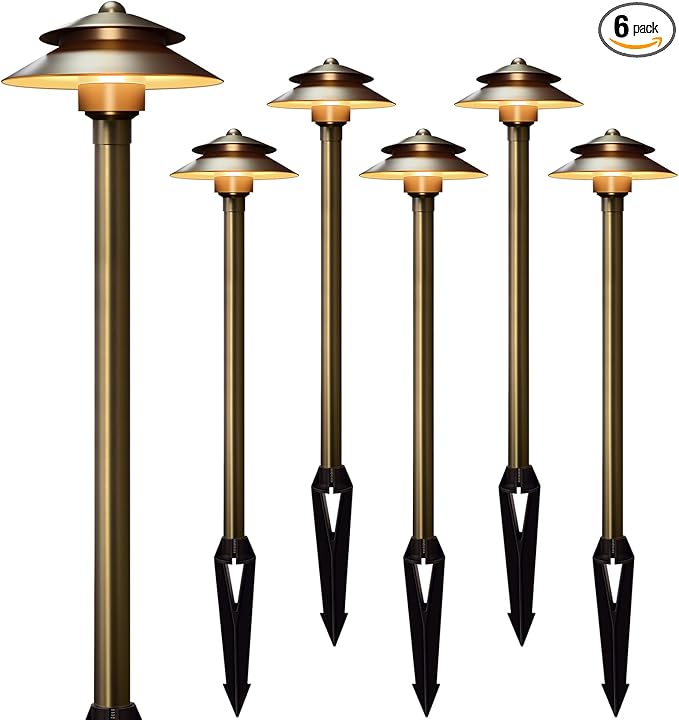 Gardencoin Solid Brass Low Voltage Landscape Pathway Lights (6'' Shade, 19'' Tall), 12V LED Heavy Duty Path Lighting Outdoor Wired, Waterproof Antique Bronze Walkway Light Without G4 Bulb,6 Pack