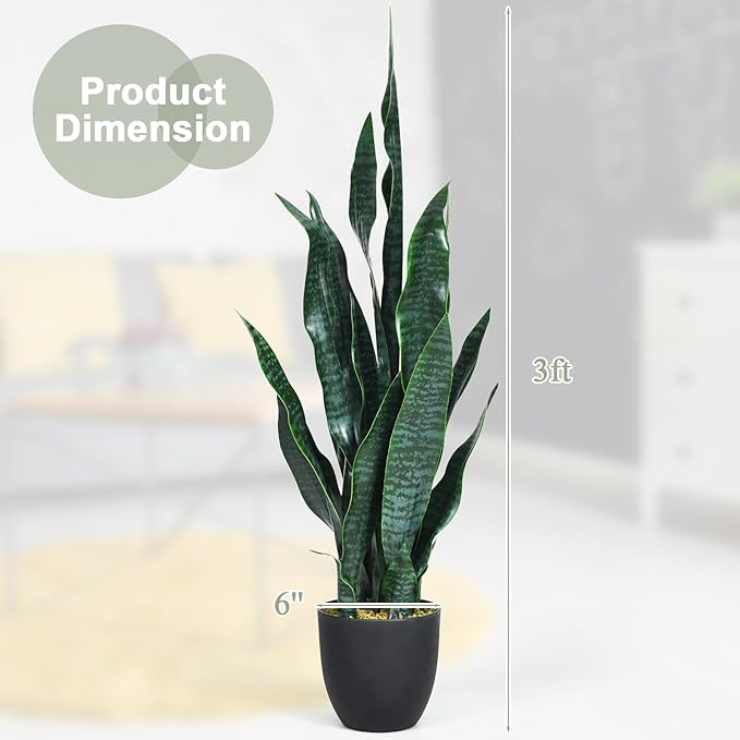 Goplus Fake Snake Plant, 36" Tall Artificial Potted Floor Plant, Large Faux Sansevieria Plant with 6'' Pot and 20pcs Leaves for Living Room House Modern Office Indoor Decor