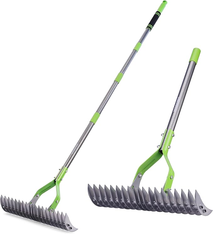 WORKPRO Thatch Rake, 15-Inch Thatching Rake for Lawns, Heavy Duty Dethatcher Rakes with 5FT Handle, Dethatching Rakes with Adjustable Head for Removing Dead Grass and Clippings, Loosening Soil