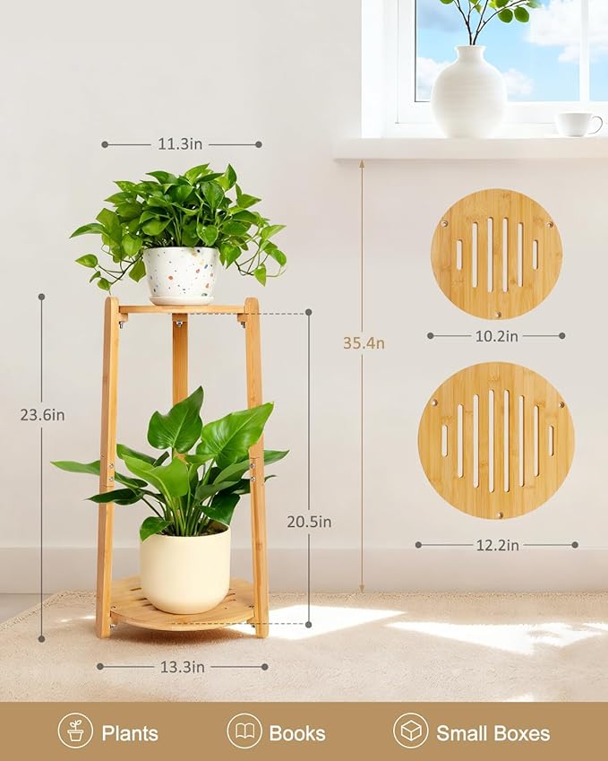 Bamboo Plant Stand Indoor,2 Tier Round Plant Shelf for Large Plants,Corner Flower Pot Stand,23.6'' Tall Plant Holder for Living Room Balcony Bedroom,Natural