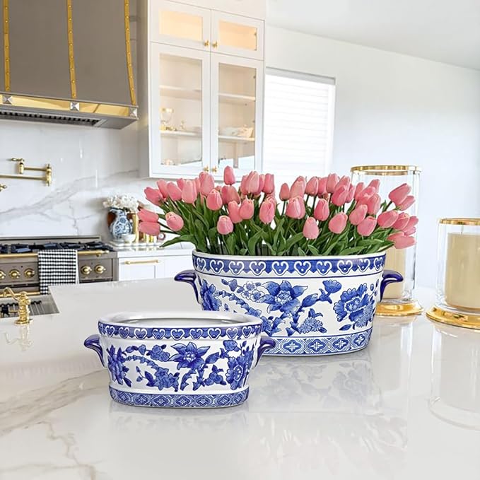 Blue and White Ceramic Planter Pot – Vintage Floral Oval Cachepot Vase for Indoor Plants, Flowers & Succulents – Glazed Chinese Porcelain Style Decorative Bowl –10.6" Size – No Drainage