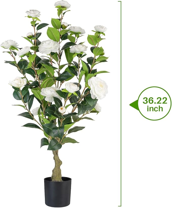 Artificial Camellia Tree 2 Pack, 3FT Faux Camellia Plant in Pot, 36 inch Fake Potted Camellia Flower Tree Plastic Camellia Tree for Modern Home Office Living Room Floor, Christmas, Decor Indoor, White
