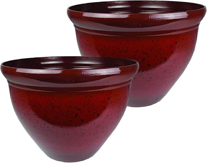 The HC Companies 12 Inch Pizzazz Round Planter Pots with Ceramic Look, Lightweight UV-Resistant Plastic Outdoor Planters, 2-Pack Flower Pots for Garden & Home Decor, Warm Red