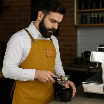 Chef Aprons for Men Canvas Apron with Large Pockets and Adjustable Neck Strap for Cooking, BBQ, Gardening