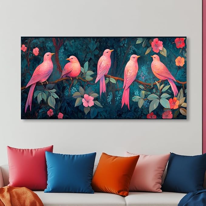 Pink Birds Canvas Wall Art Birds Floral Tree Canvas Pictures Bird on Tree Branch Painting Flower Wall Decor Canvas Nature Farmhouse Animal Painting for Girl’s Room Bedroom Bathroom Living Room (16x32 Inches)