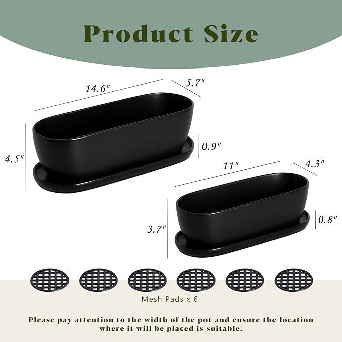 E-liu Ceramic Plant Pots, 11+14 inch, Set of 2, Planters with Drainage Holes Saucers and Mesh Pads, Indoor Flower Succulent Pot with Hole Mesh Pad, Gifts for Mom, Plants Not Included, Black