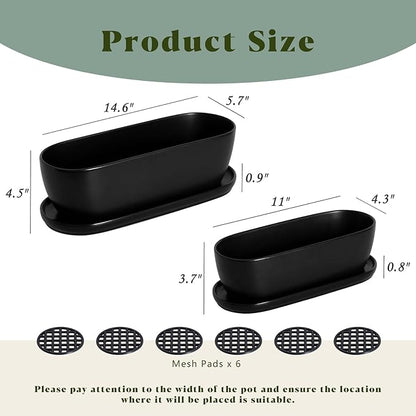 E-liu Ceramic Plant Pots, 11+14 inch, Set of 2, Planters with Drainage Holes Saucers and Mesh Pads, Indoor Flower Succulent Pot with Hole Mesh Pad, Gifts for Mom, Plants Not Included, Black