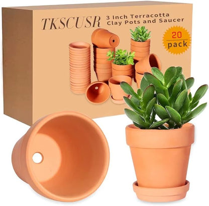 3 Inch Terracotta Pots with Saucer-20 Pack，Cactus Terra Cotta Flower Pot with Drainage，Succulent Nursery Clay Pots Great for Plants,DIY Crafts, Wedding Favor