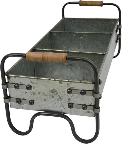 Rustic Galvanized Metal 3-Compartment Planter with Wood Handles, Vintage Style Succulent Herb Flower Pot for Indoor Outdoor Garden, Kitchen, Windowsill Decor