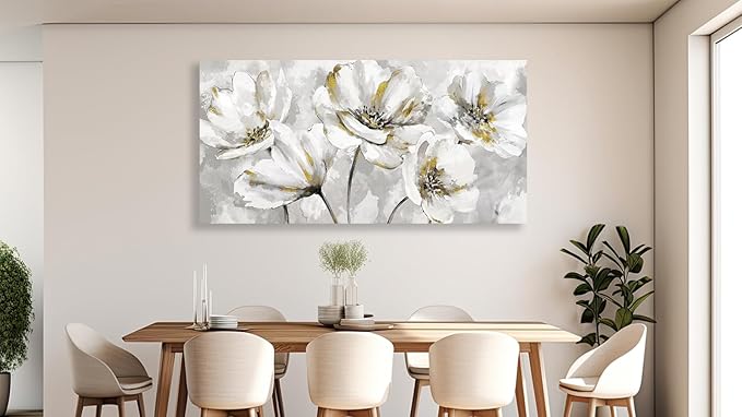arteWOODS Flowers Canvas Wall Art - Gray White Flowers with Yellow Accents Pictures Wall Decor Botanical Painting Artwork Elegant Floral Prints Home Decor Living Room Bedroom Ready to Hang 40 x 20in