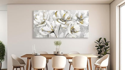 arteWOODS Flowers Canvas Wall Art - Gray White Flowers with Yellow Accents Pictures Wall Decor Botanical Painting Artwork Elegant Floral Prints Home Decor Living Room Bedroom Ready to Hang 40 x 20in