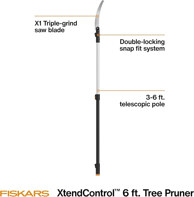 Fiskars XtendControl Extendable Tree Pruner (6 ft), Pole Saw, Adjustable Branch Trimmer with 15" X1 Saw and Hand Saw, 3-6 ft Extension Pole, and Secure Locking System for Precision Cutting