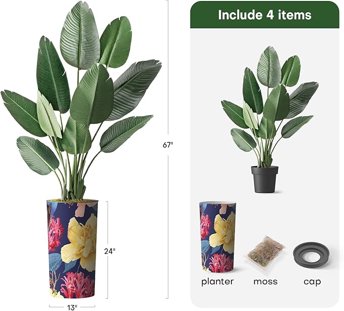 Artificial Tree in Contemporary Planter, Fake Bird of Paradise Silk Tree for Indoor and Outdoor Home Decoration - 67" Overall Tall (Plant Pot Plus Tree)