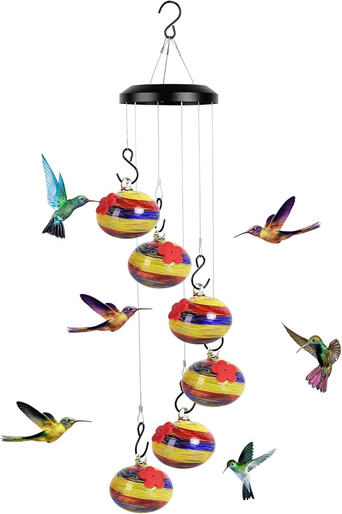 Charming Wind Chimes Hummingbird feeders for Outdoors Hanging ant and bee Proof,Never Leak,Perfect Garden Decor for Outside(Rainbow)