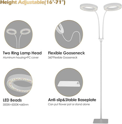 GLOWRIUM Grow Lights for Indoor Plants, Full Spectrum LED Grow Light Floor Lamp with Stand Adjustable Height and Angle, Black Plant Light with 3/9/12H Grow Light Timer (White, 36W)