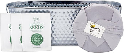 BUZZY Organic Herb Seeds Grow and Grill Kit – Organic Rosemary, Sage & Thyme – Indoor Starter Set with Hammered Metal Planter, Soil & Instructions – Perfect Kitchen Garden Gift