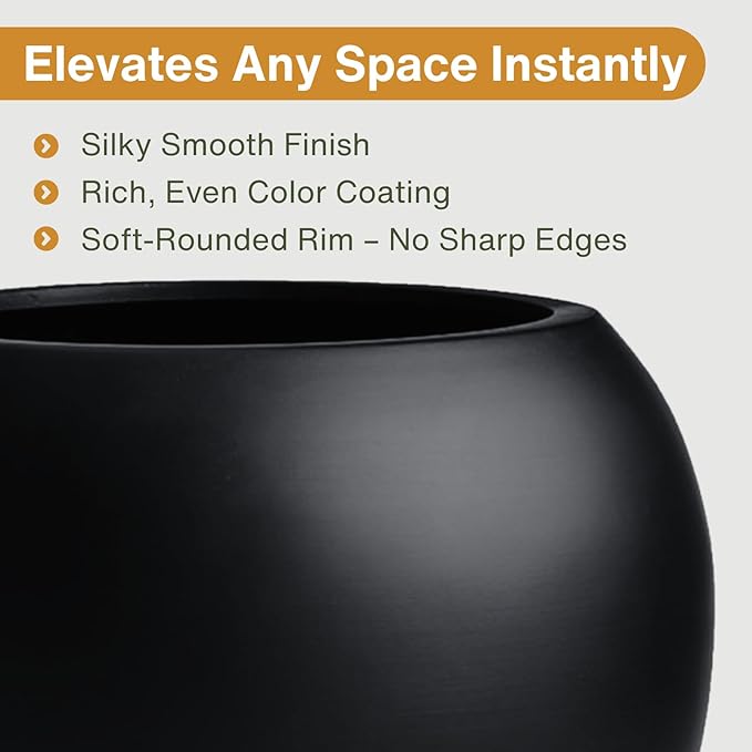 9.7" H x 12" D Globo Fiberstone Round Planter with Drainage Hole, Smooth Finishes, Weather Resistant for Indoor and Outdoor Use, Included 2 Extra Coco Mats (Black, 7.8" Pot Opening)