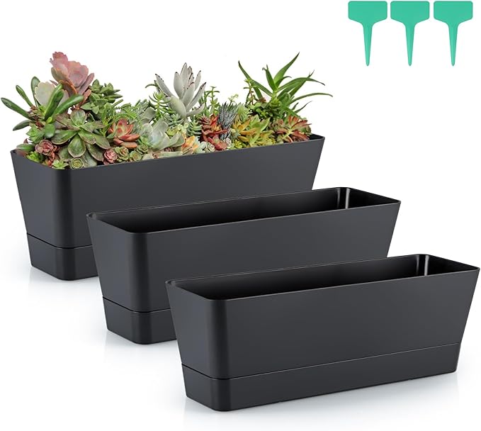 Skelang 3 Pcs Rectangular Plant Pot, 12" Flower Planter Box, Windowsill Container for Succulent, Herb, Vegetable (Black)