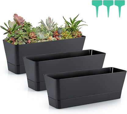 Skelang 3 Pcs Rectangular Plant Pot, 12" Flower Planter Box, Windowsill Container for Succulent, Herb, Vegetable (Black)