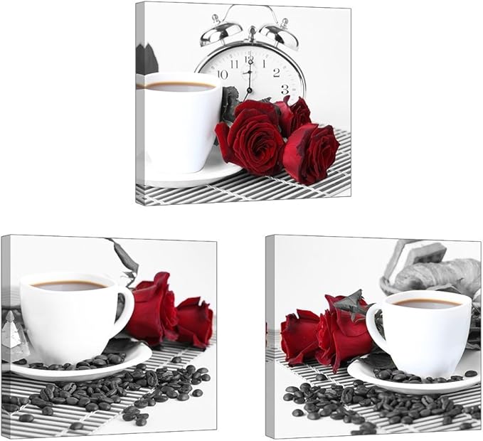 Rose Wall Art for Kitchen/Dining Room, SZ 3 Piece Romantic Canvas Prints of Red Roses and Coffee Beans, Still Life Painting Picture (Waterproof Artwork, 1" Thick Frame, Bracket Mounted Ready to Hang)