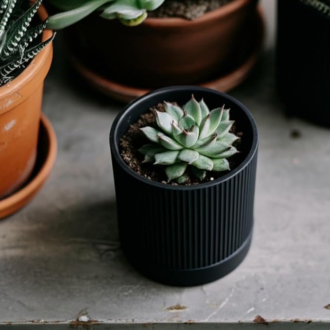 Small Plant Pots, 4 Inch Pots for Indoor Plants, Modern Minimalist Ceramic Plant Pots with Drainage Hole & Saucer, Matte Black Set of 2
