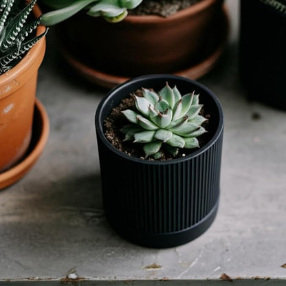Small Plant Pots, 4 Inch Pots for Indoor Plants, Modern Minimalist Ceramic Plant Pots with Drainage Hole & Saucer, Matte Black Set of 2