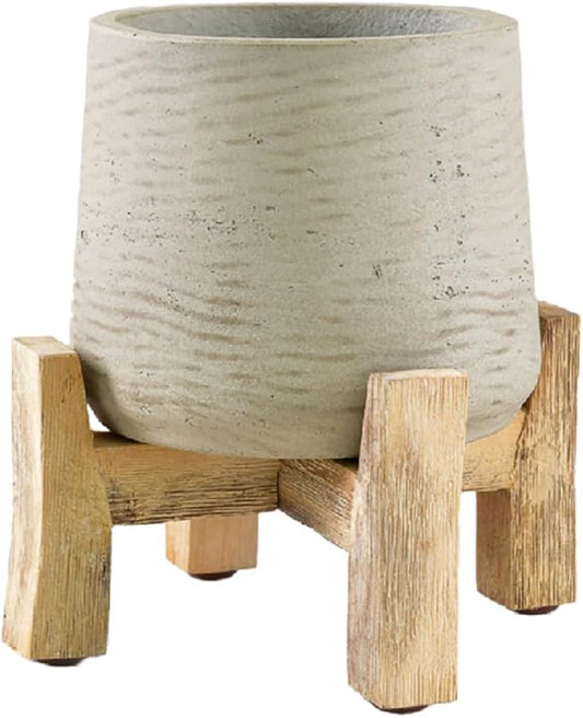 Serene Spaces Living Minimalist Cement Planter with Wooden Legs – Sleek Planter for Succulents, Cacti, Indoor Greenery, Versatile, Durable Plant Pot for Home or Office, 8" Diameter & 9" Tall