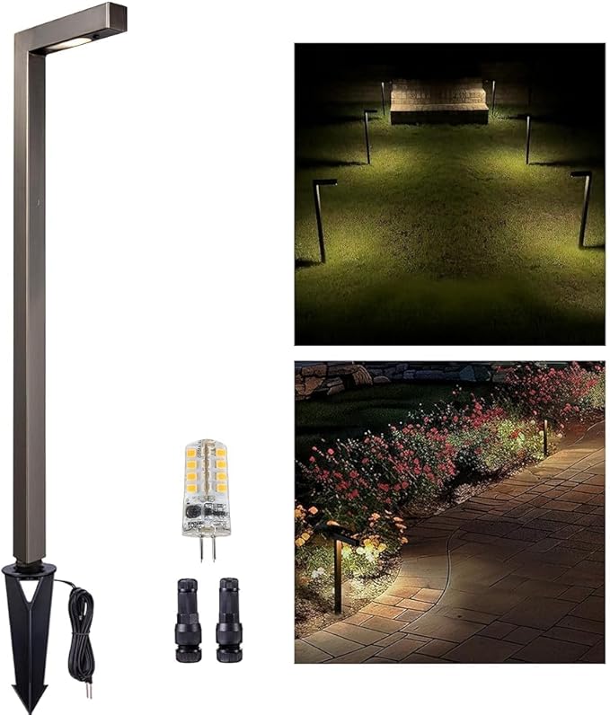 Gardenreet Landscape Path Lights Brass, 12V Low Voltage Pathway Lights Wired, Outdoor Garden Lights LED Waterproof, L Shape Bronze for Yard Walkway Driveway Without G4 Bulb