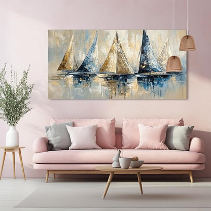 Blue Wall Art Sailboat Canvas Painting Ocean Sailboat Prints Sailing Ship Canvas Artwork Modern Coastal Blue Abstract Wall Art for Living Room Bedroom Office Boys Bedroom Wall Décor Ready to Hang (20x40 Inches)