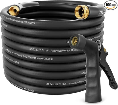 SPECILITE 3/4" Hot/Cold Garden Hose 100 ft with Industrial High Pressure Nozzle, Flexible & Lightweight, 600psi Burst Rubber Water hose -50℉-158℉ With 3/4" Brass Fittings for Yard, Black