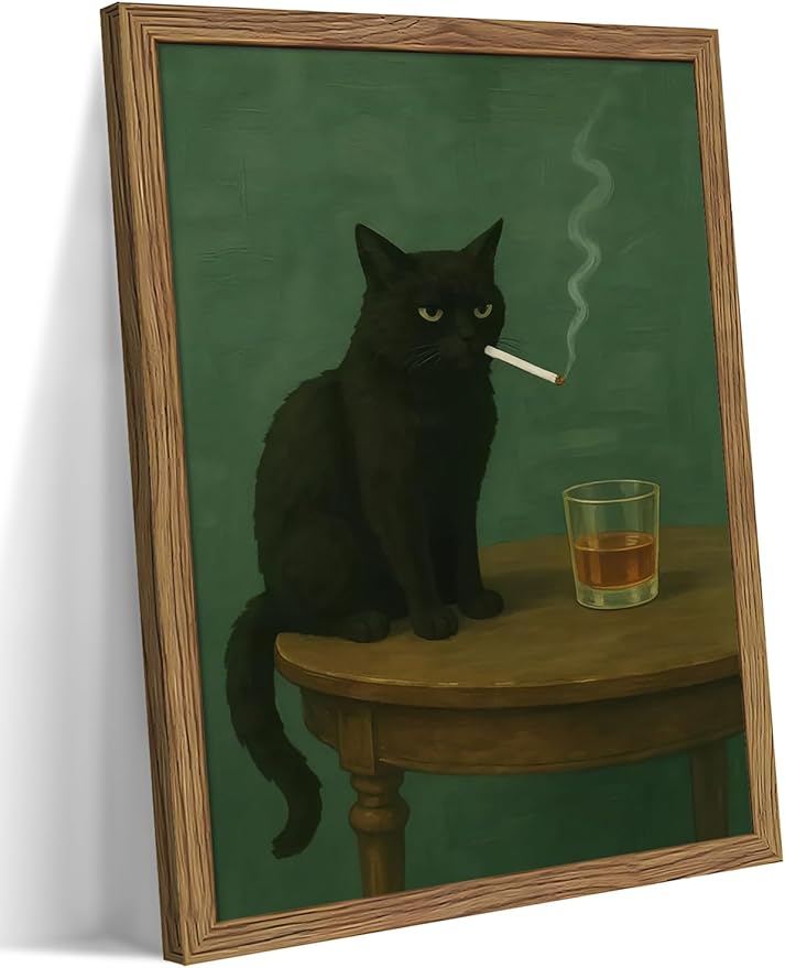 Framed Moody Black Cat Wall Art, Dark Humor Wall Decor, Vintage Whiskey Cat Poster Canvas Print, Funny Black Cat Picture Artwork Decor for Living Room Bedroom Office – 12x16 inch