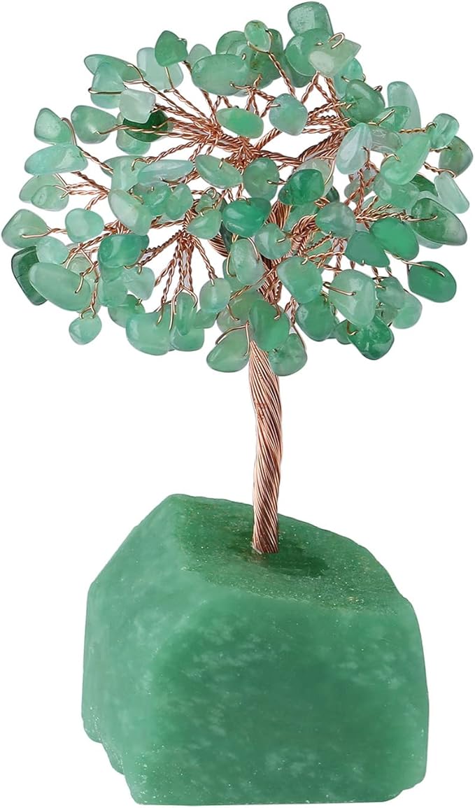 Healing Green Aventurine Crystal Tree - Natural Reiki Gemstone Base with Copper Wire - Feng Shui Money Tree for Home Office Desk Decor - Good Luck