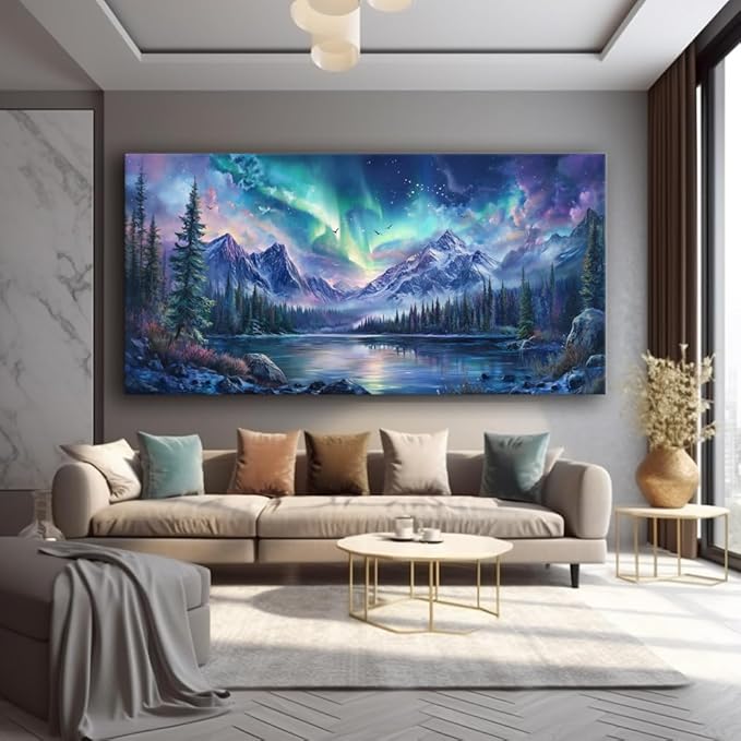 IDAFU Aurora Borealis Canvas Wall Art Northern Lights Wall Printing Farmhouse Abstract Snow Mountain Tree Forest Scenery Canvas Nature Landscape Artwork For office Home Décor Ready to Hang 48L x 24W