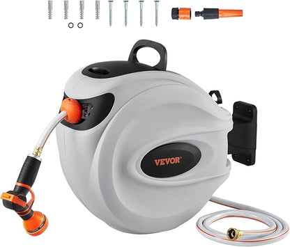 VEVOR Retractable Hose Reel, 65 ft x 5/8 inch, 180° Swivel Bracket Wall-Mounted, Garden Water Hose Reel with 9-Pattern Nozzle, Automatic Rewind, Lock at Any Length, and Slow Return System
